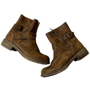 Rocket Dog Sz 11 Brown Ankle Boot Side Zip Buckle Block Heel Biker Faux …